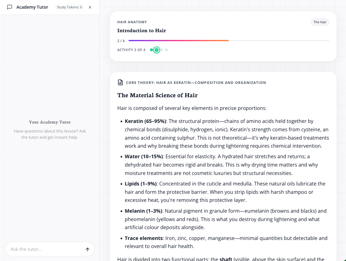 Academy lesson with the AI Tutor sidebar open on the left — Academy Tutor header, Study Tokens counter, an Ask the tutor… input at the bottom, and the lesson body on the right.