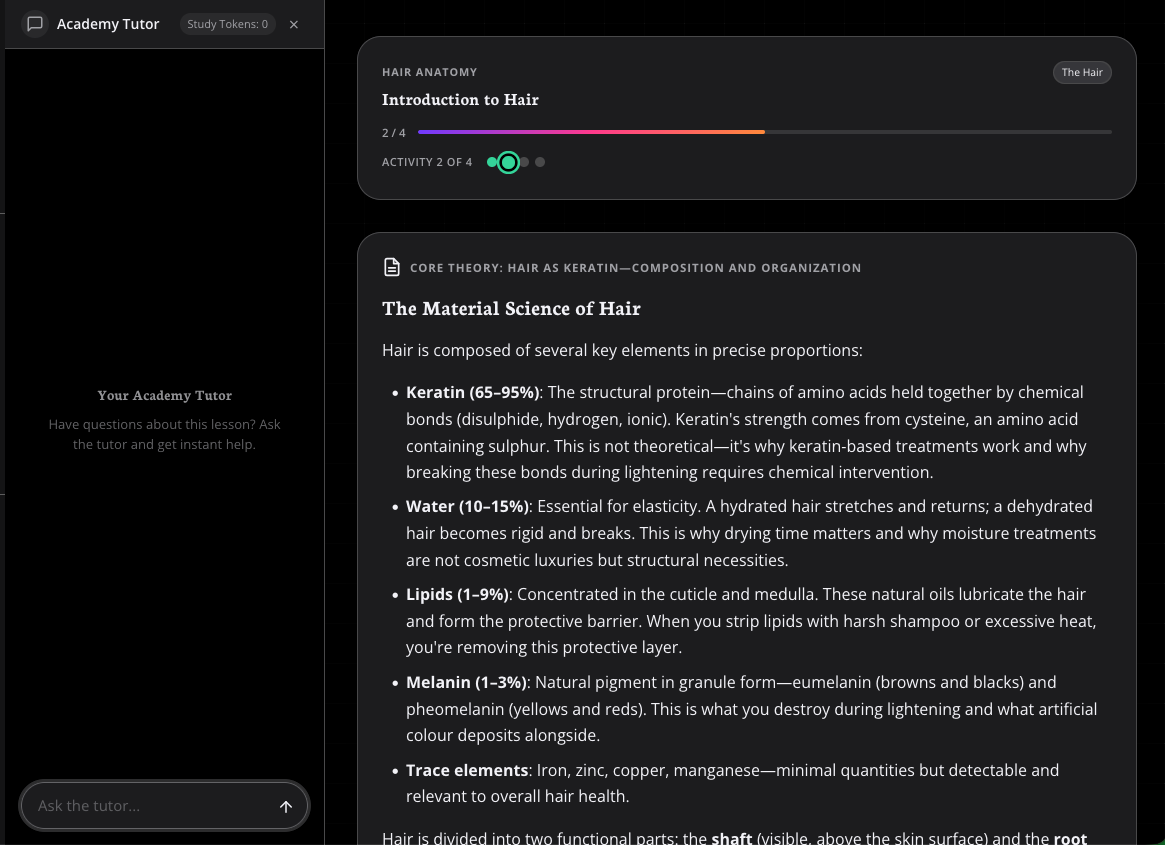 Academy lesson with the AI Tutor sidebar open on the left — Academy Tutor header, Study Tokens counter, an Ask the tutor… input at the bottom, and the lesson body on the right.