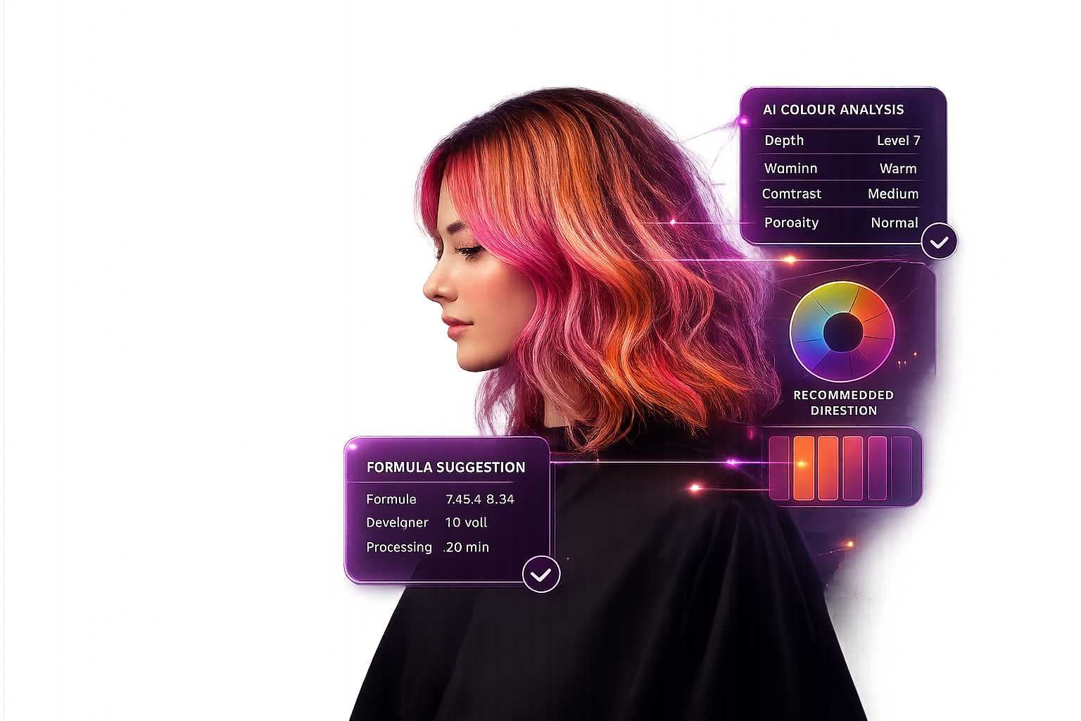 HairCoPilot analysing a client photo — depth, warmth, formula and recommended direction