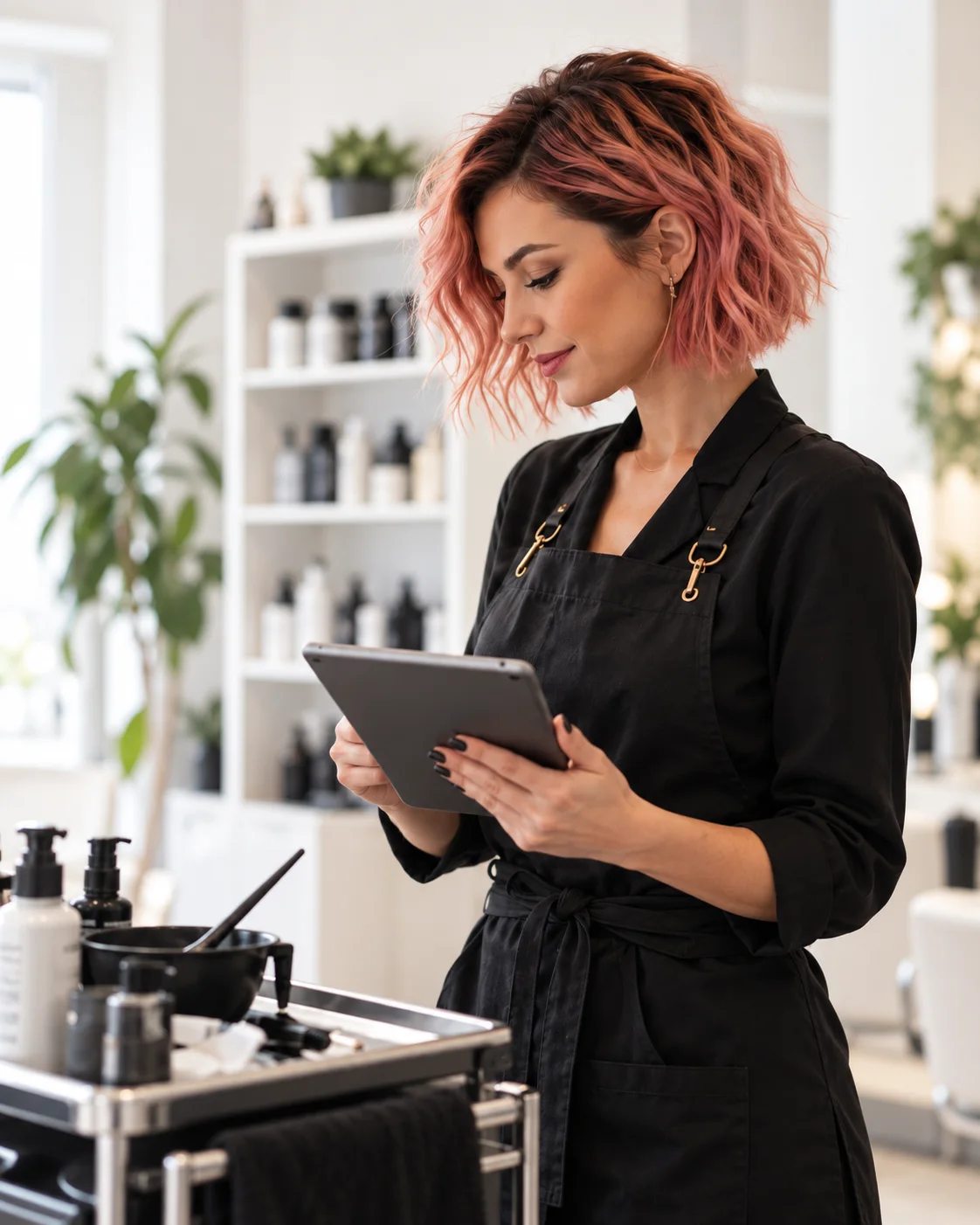 A salon professional reviewing a colour appointment on her tablet.