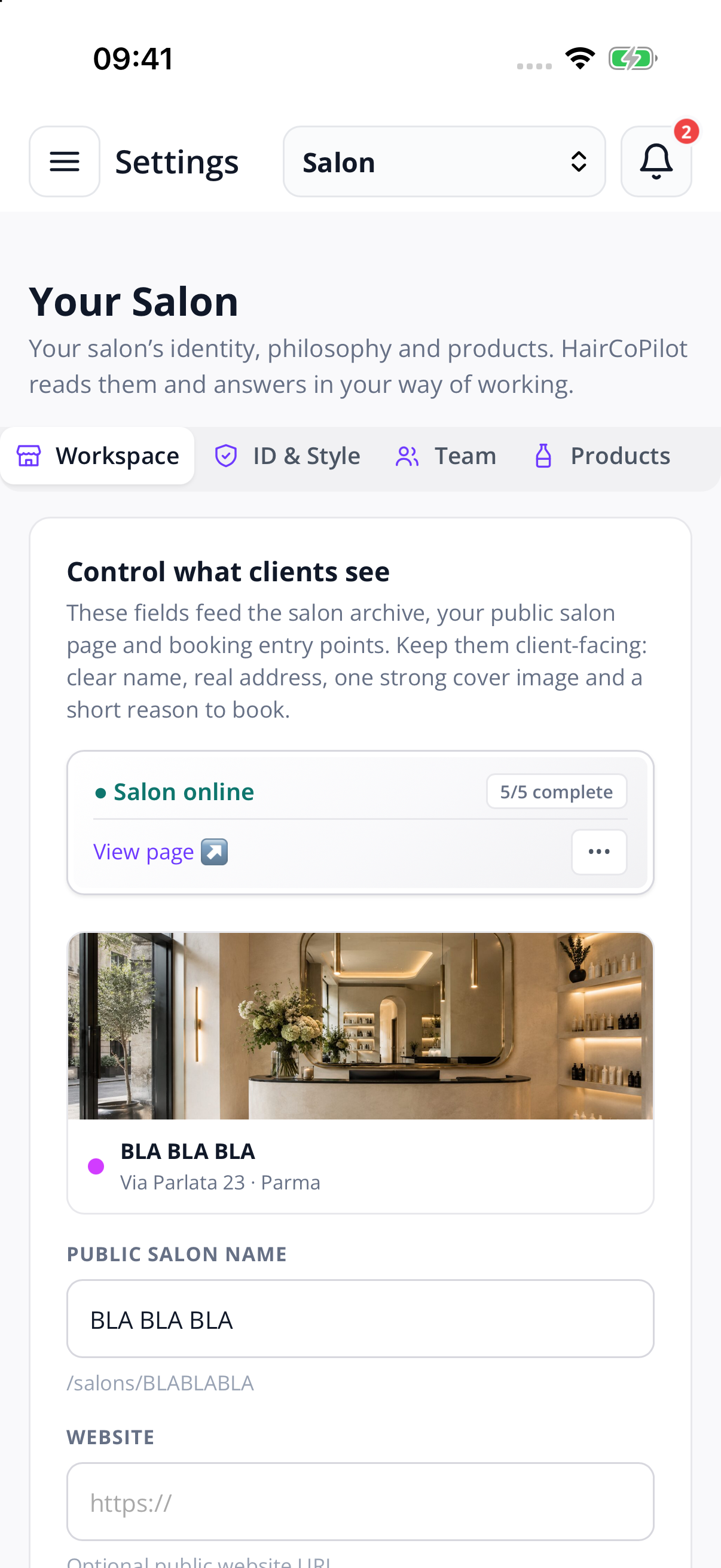 Workspace — the salon day connected to the technical history