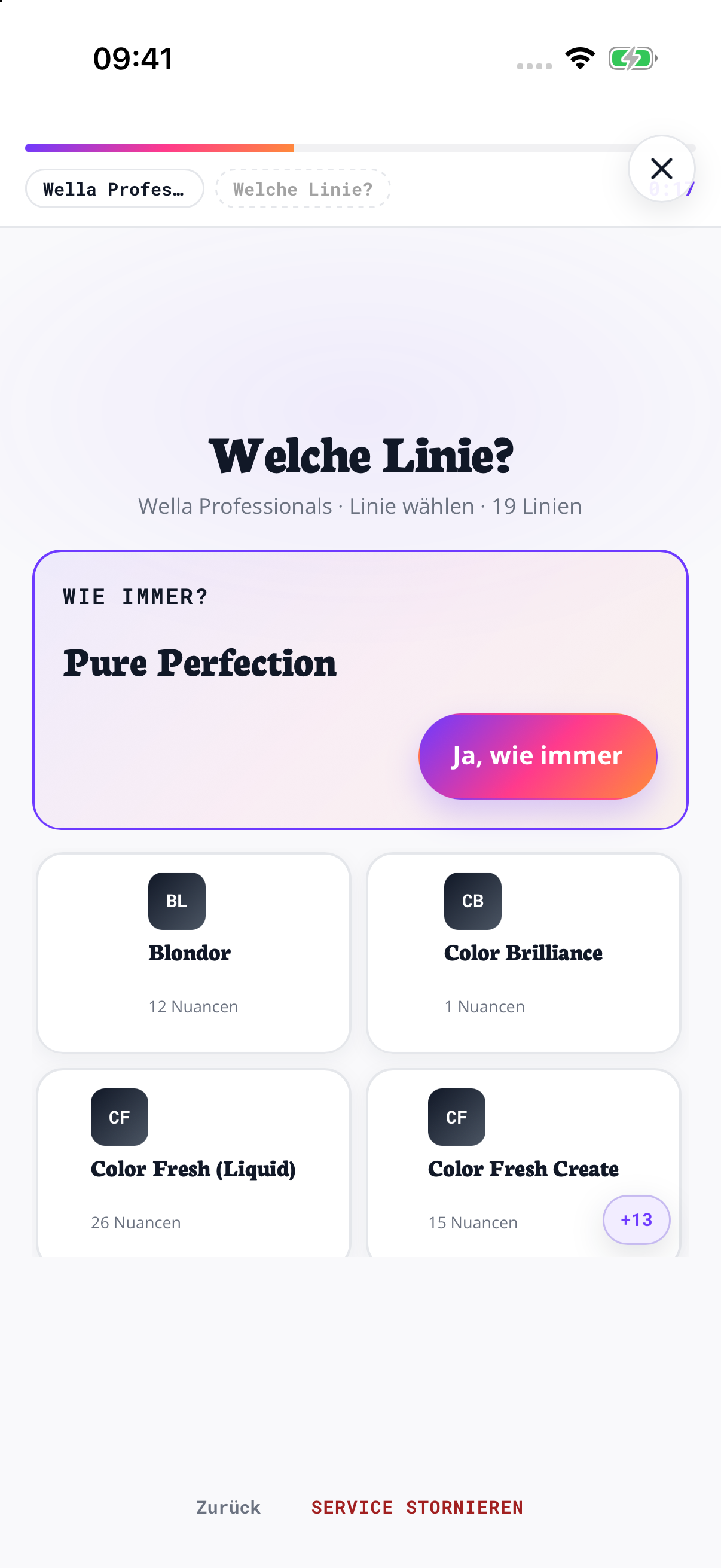 Beginne mit deiner Farbserie. Wähle Wella Professionals und dann Pure Perfection.