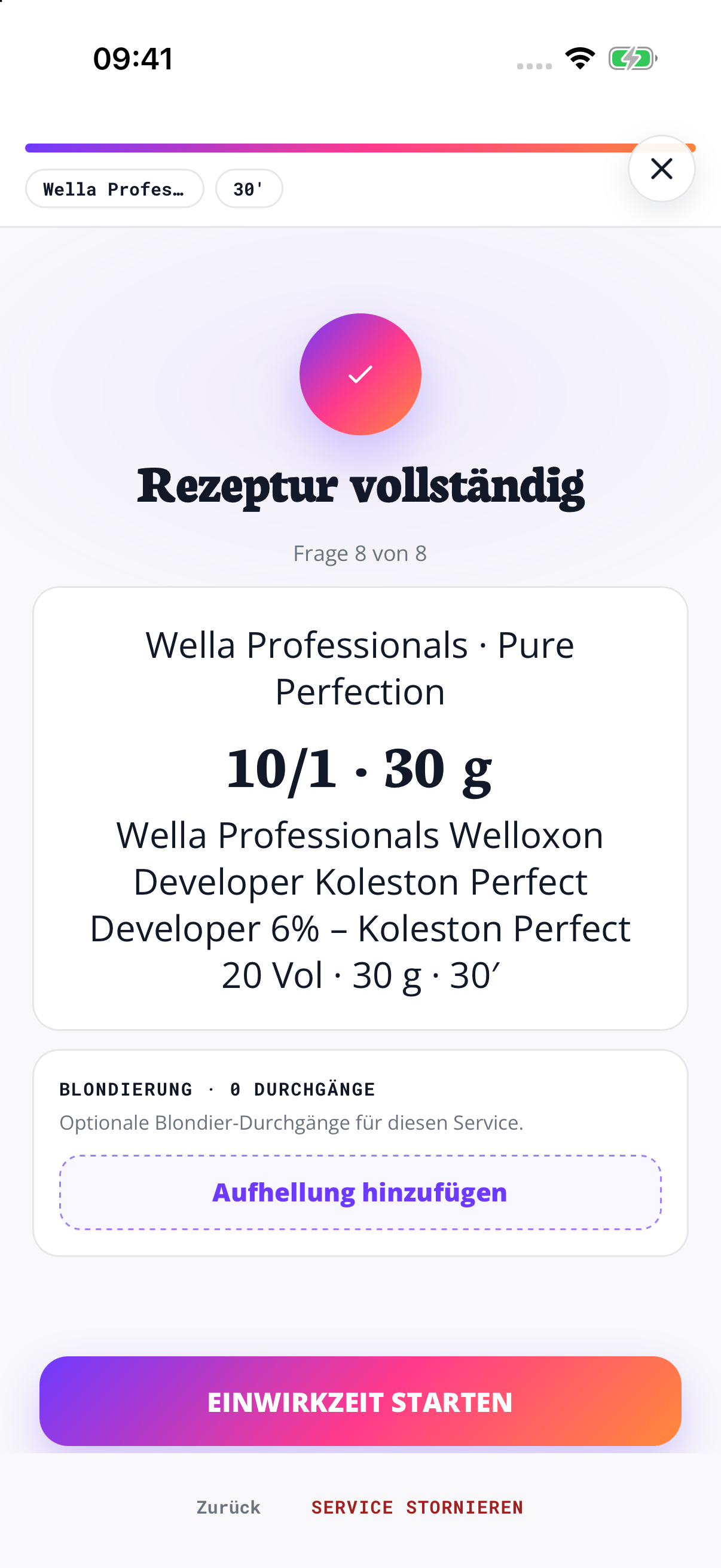 Lege Mengen und Entwickler fest. Prüfe Farbe, Entwickler und Einwirkzeit in einer Übersicht.