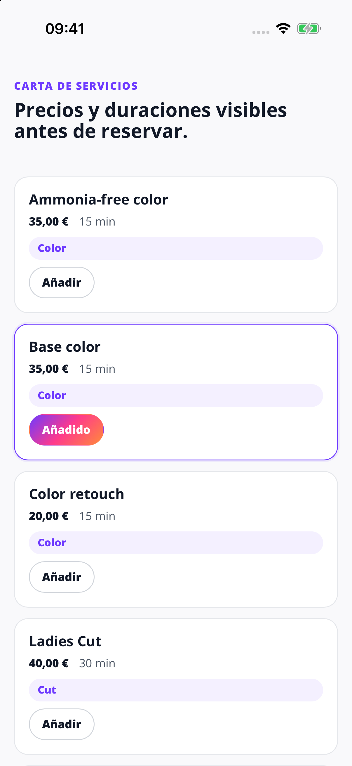 Elige un servicio de color.