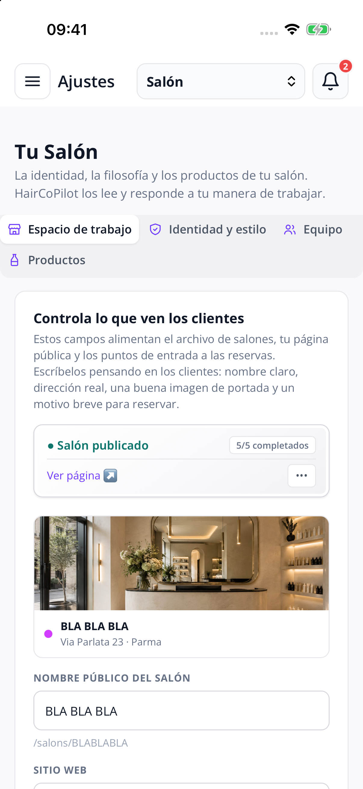 Workspace — the salon day connected to the technical history