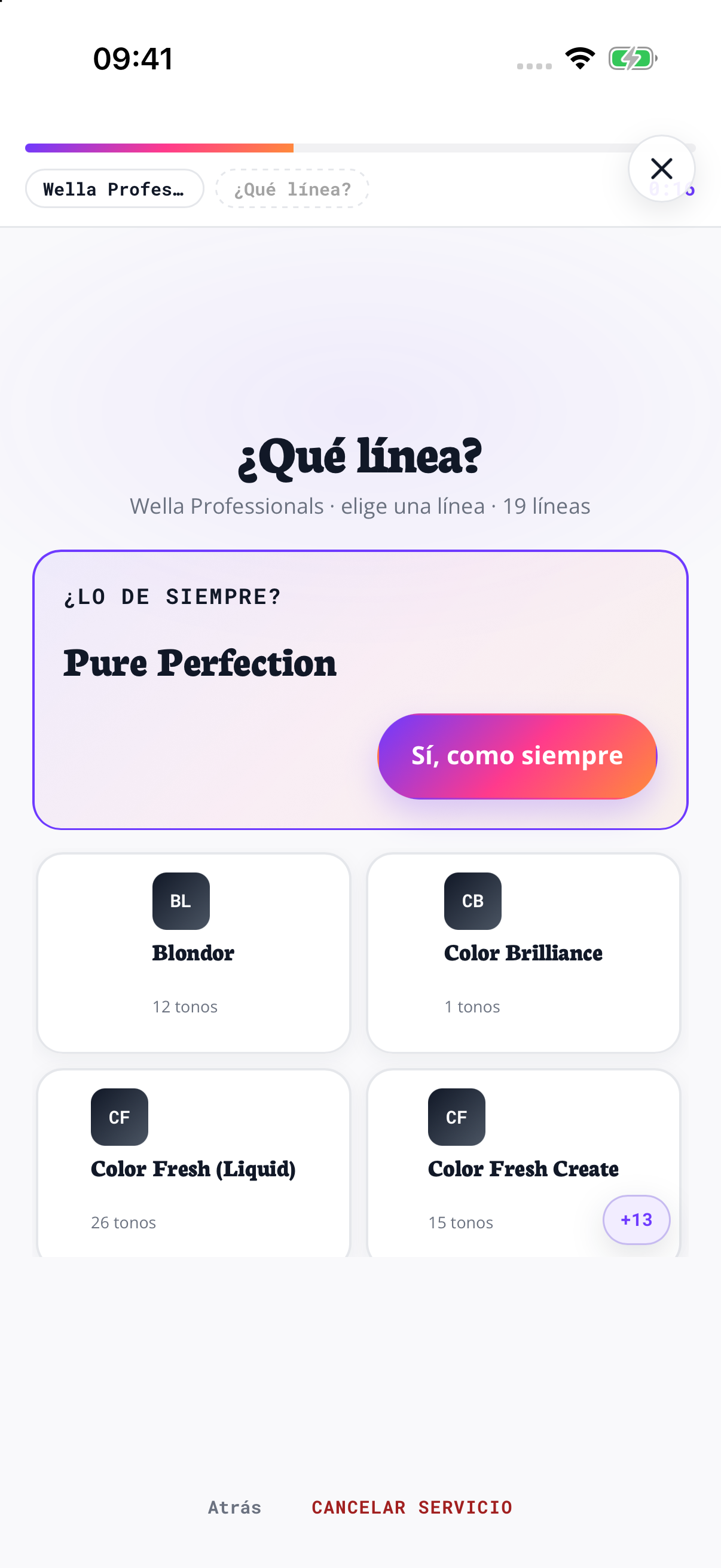 Empieza por tu línea de coloración. Elige Wella Professionals y después Pure Perfection.