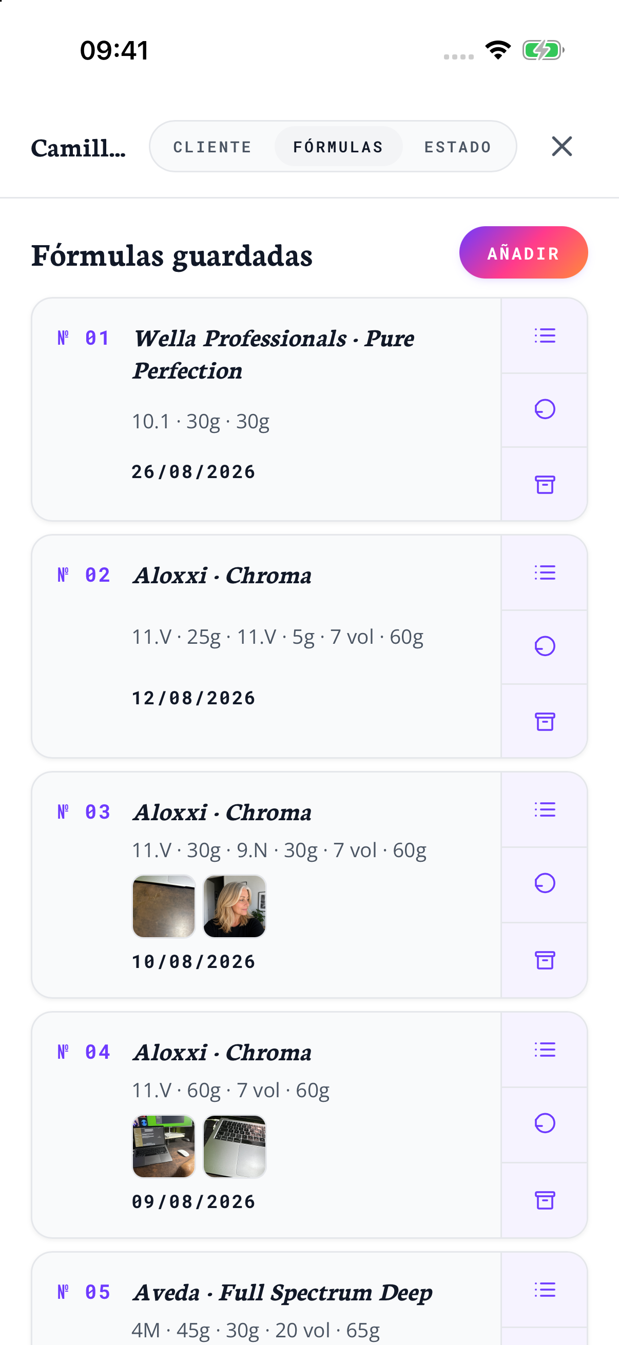 La fórmula guardada en la ficha del cliente de demostración.