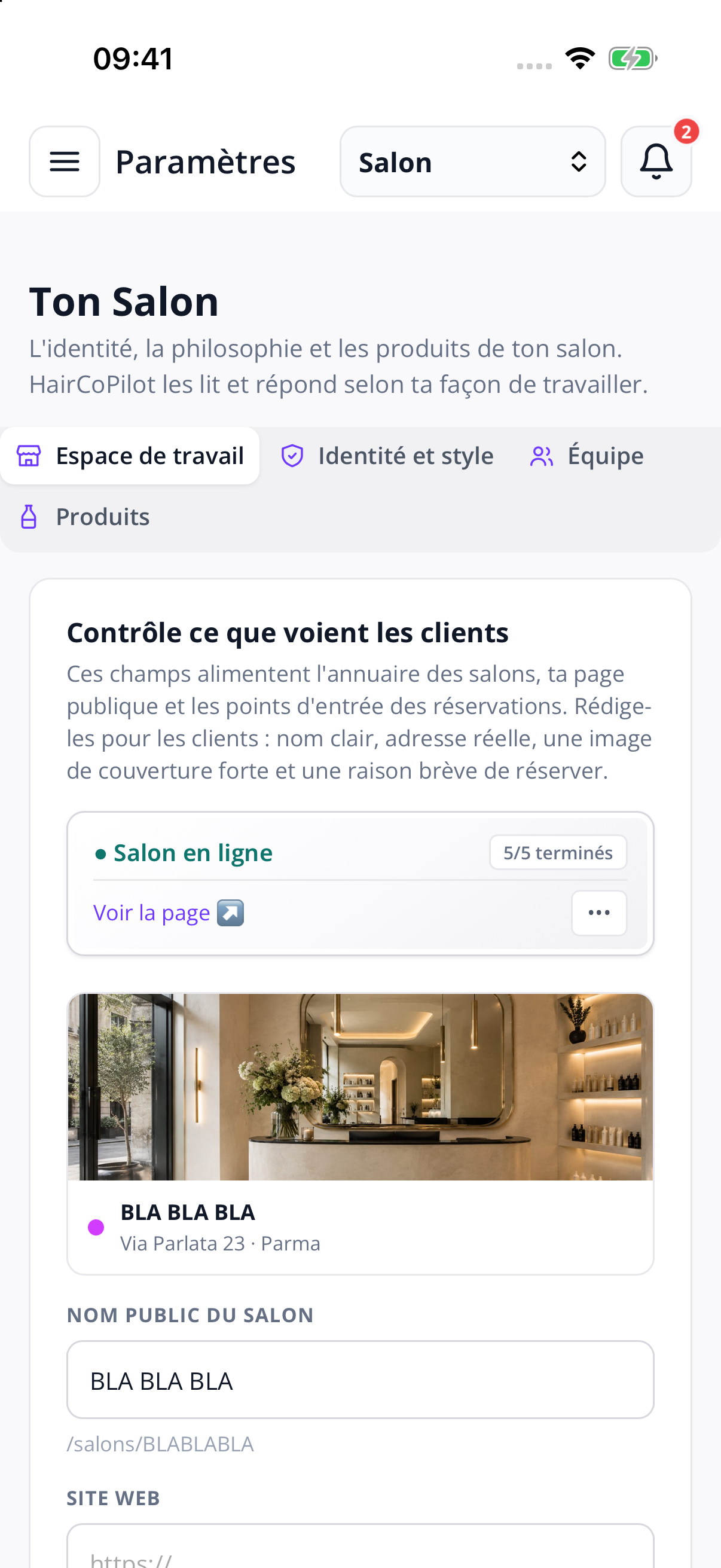 Workspace — the salon day connected to the technical history