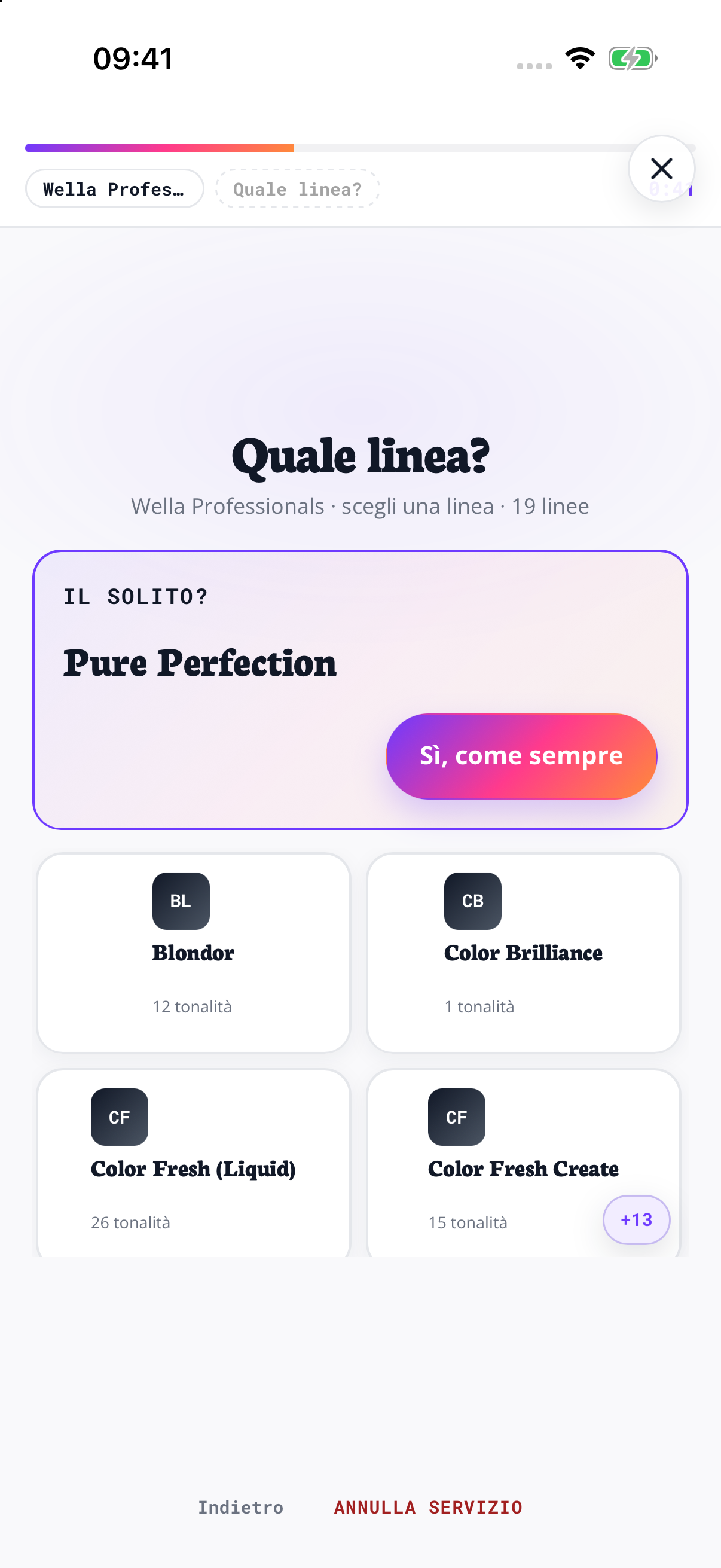 Parti dalla tua linea colore. Scegli Wella Professionals, poi Pure Perfection.