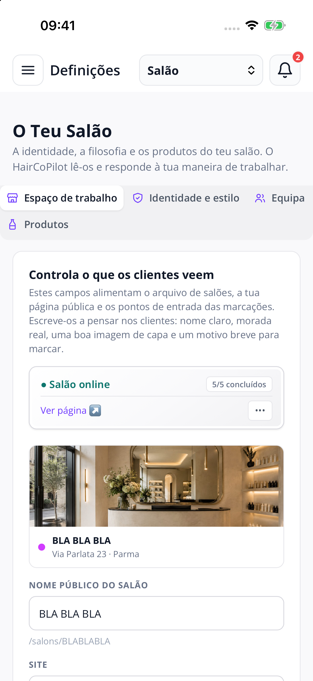 Workspace — the salon day connected to the technical history