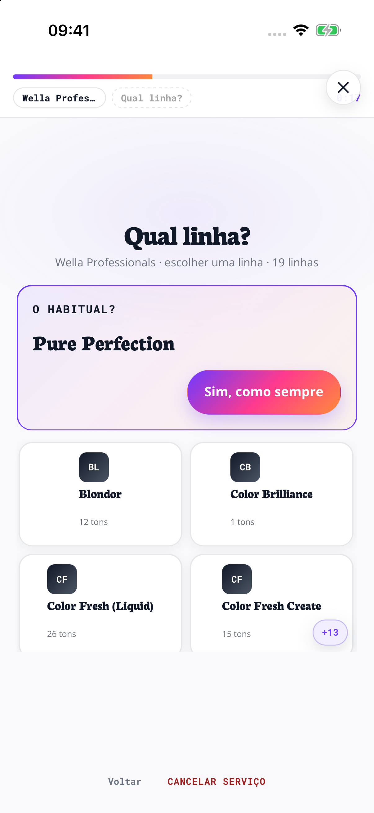 Começa pela tua linha de coloração. Escolhe Wella Professionals e depois Pure Perfection.