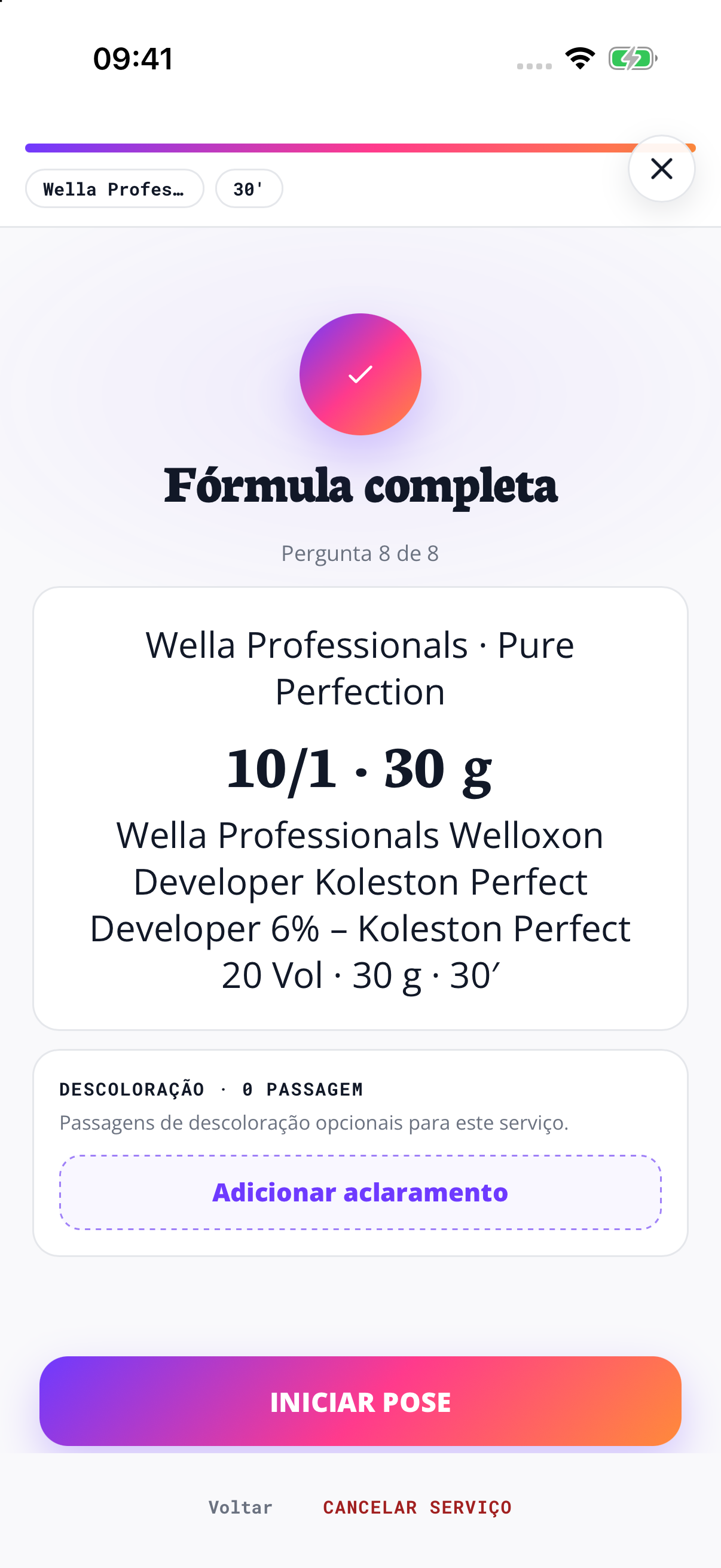 Define as quantidades e o oxidante. Revê a cor, o oxidante e o tempo de pose num único resumo.