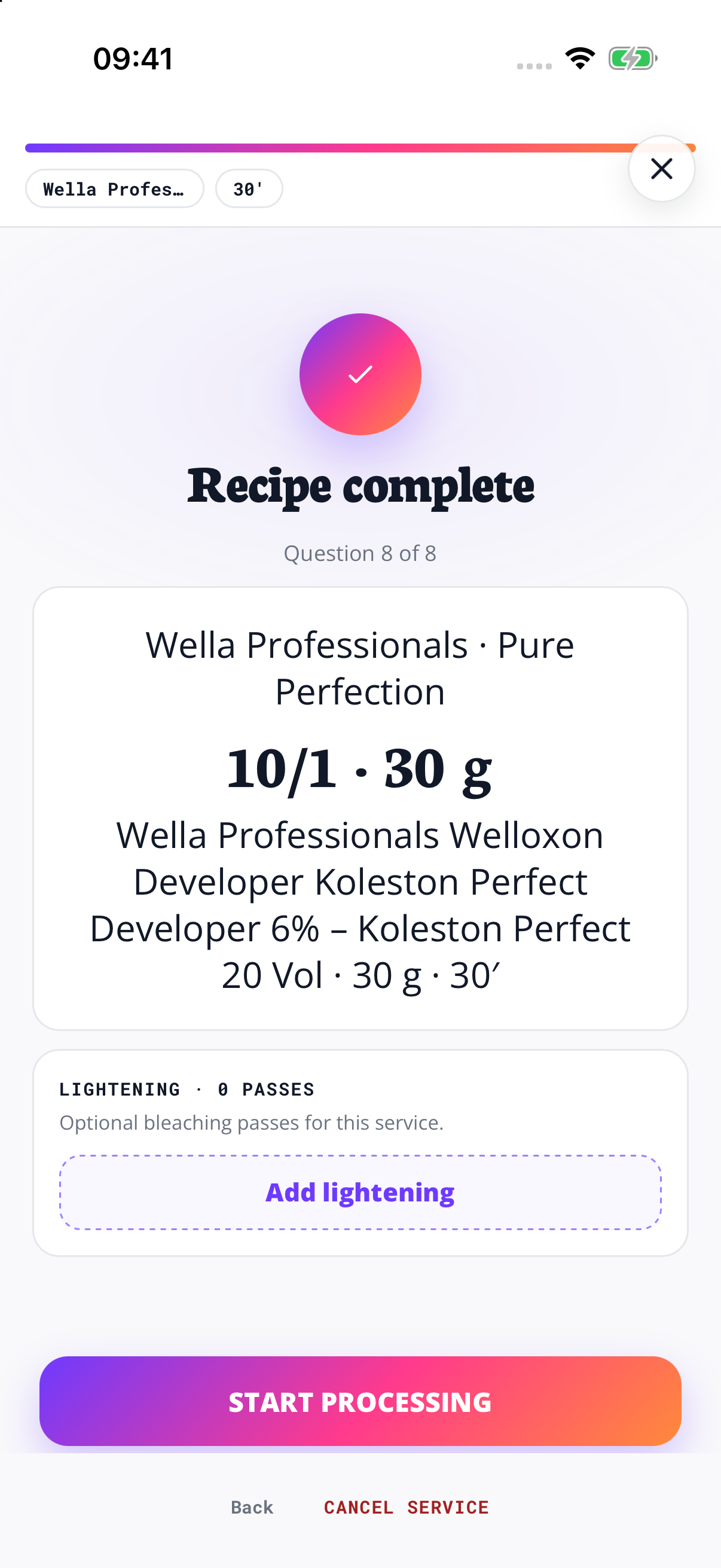 Set quantities and developer. Review the colour, developer and processing time together.