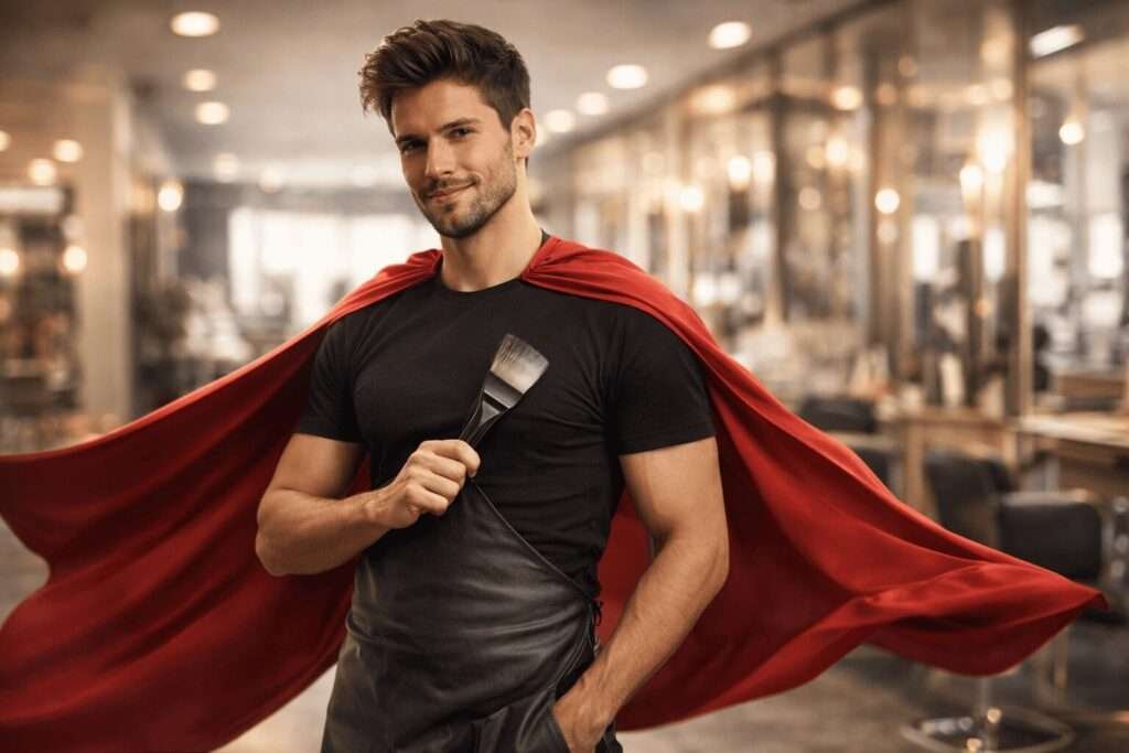 Hair colourist in a modern salon wearing a red cape and holding a tint brush, posed like a superhero.