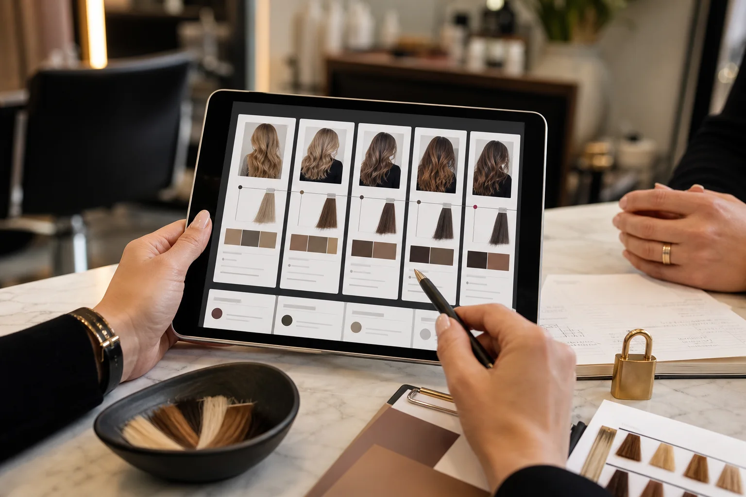 Structured client colour history connecting consultation formula and results