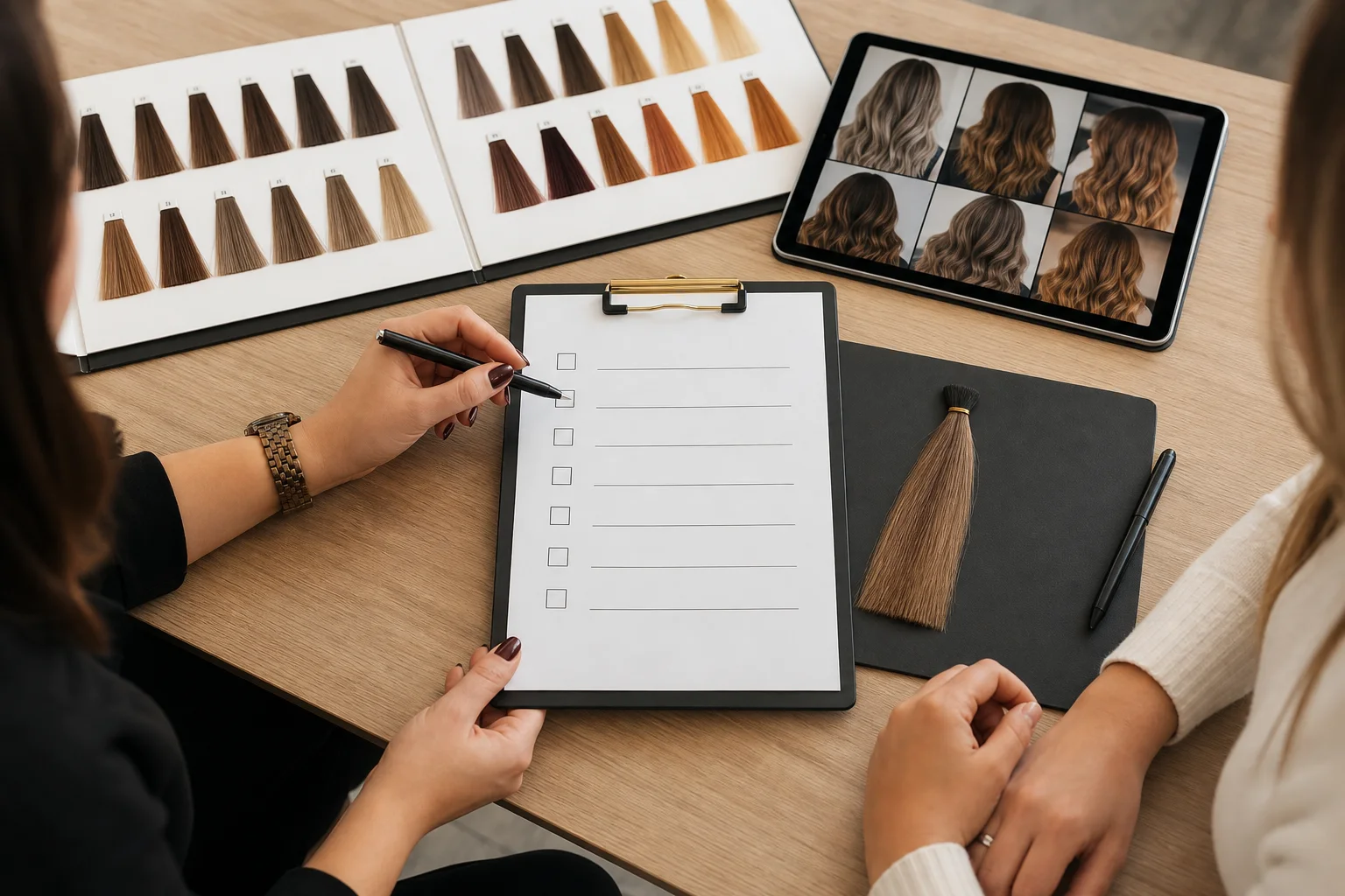 Professional colour consultation checklist with swatches and client notes