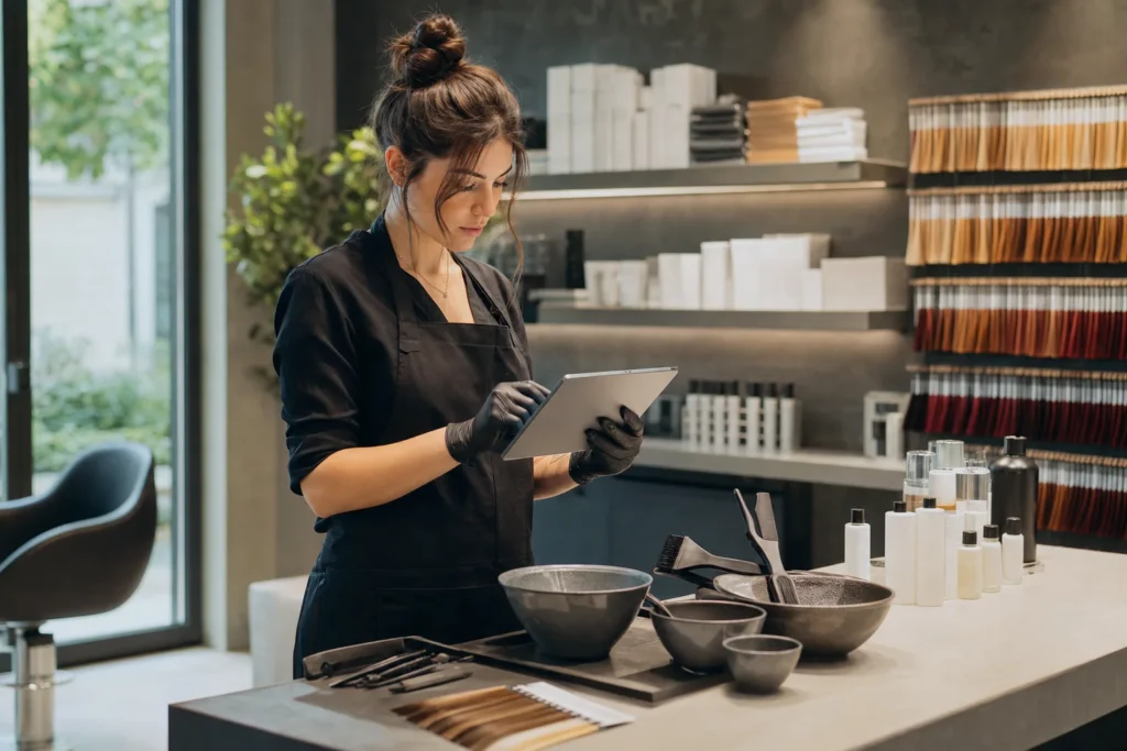 Colourist recording a professional hair colour formula