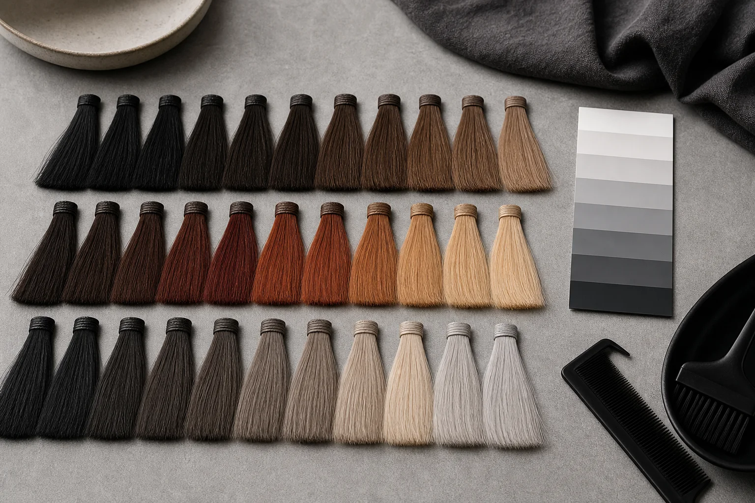 Hair swatches demonstrating colour levels tones and undertones