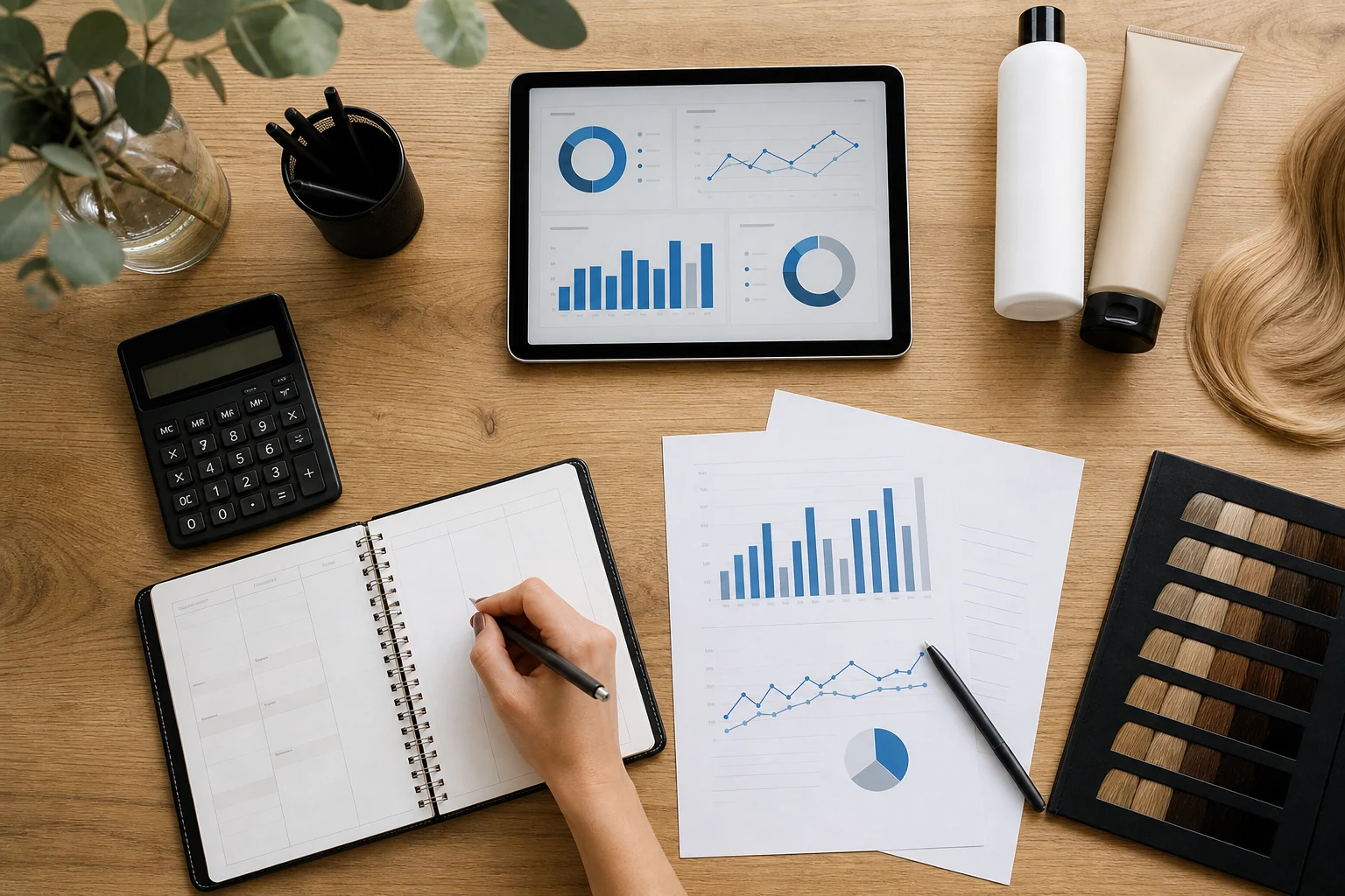 Salon KPI workspace with charts, appointment book, calculator and hair products