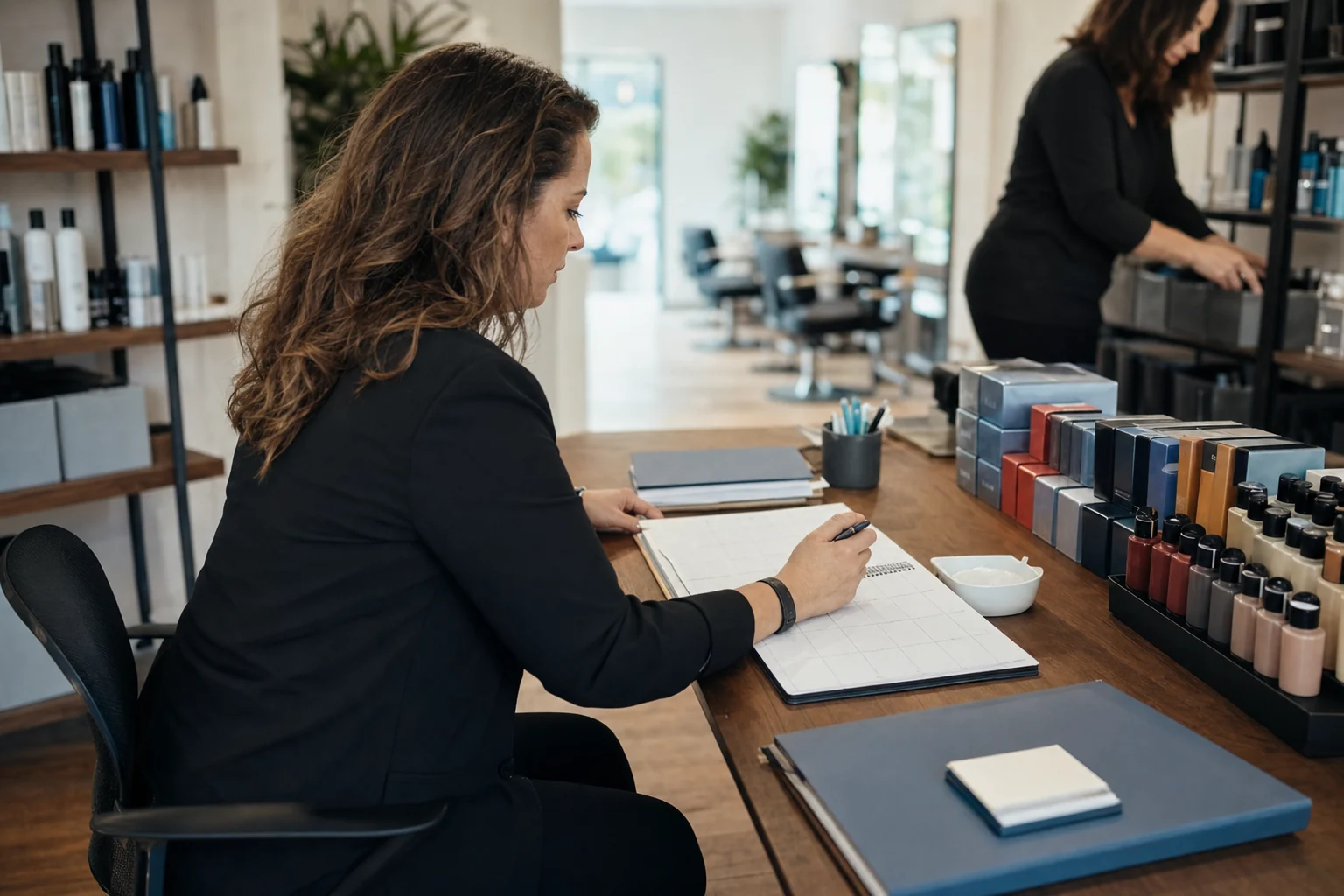 Salon manager reviewing a weekly operations planner and color inventory