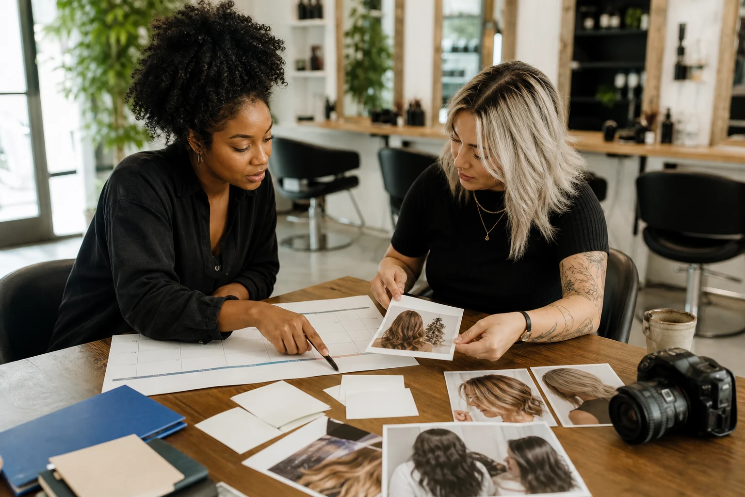 Two stylists planning salon marketing content with a monthly calendar and result photos