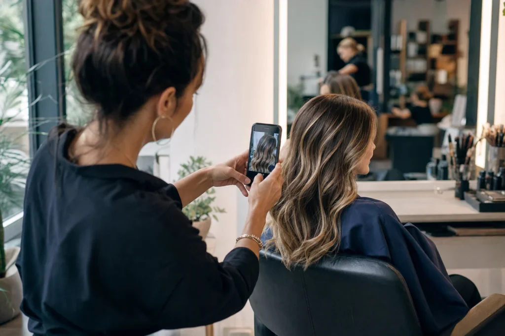 Stylist photographing a finished color result for hair salon marketing