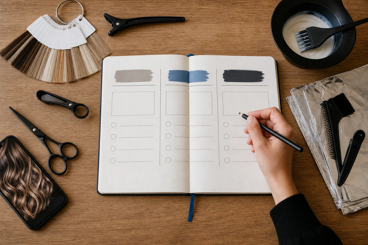 Hairdresser marking progress in a skills plan beside color tools, foils and a portfolio image