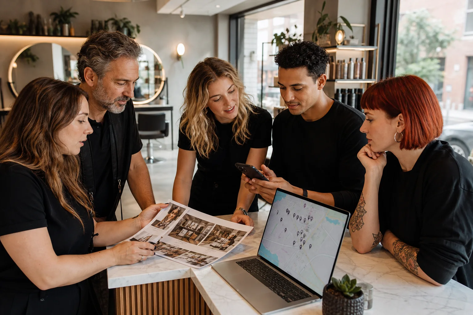 Hair salon team working through a local SEO checklist