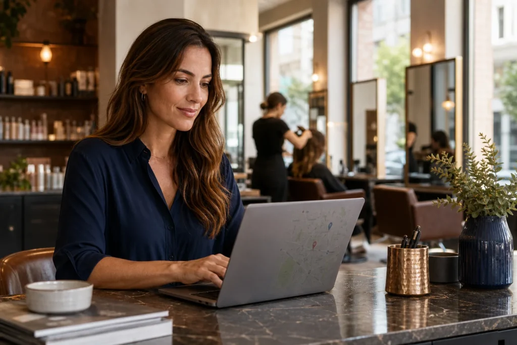 Salon owner reviewing local search visibility for a hair salon