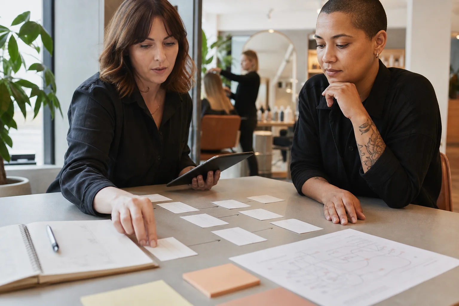 Visual workflow planning for automated salon tasks and human handoffs
