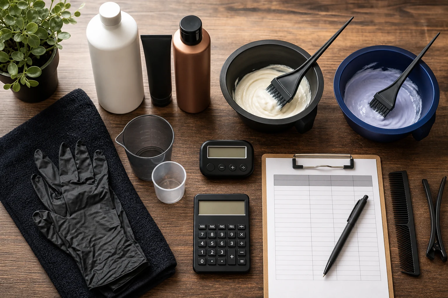 Hair color service materials arranged with a timer, calculator and cost worksheet