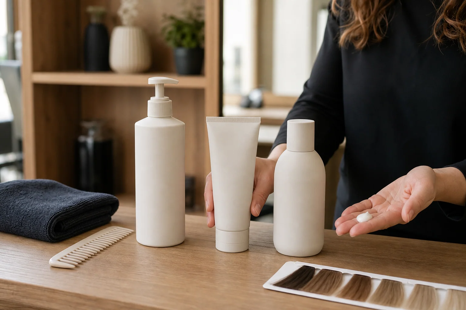Hairstylist demonstrating a simple three-product home-care routine in the salon