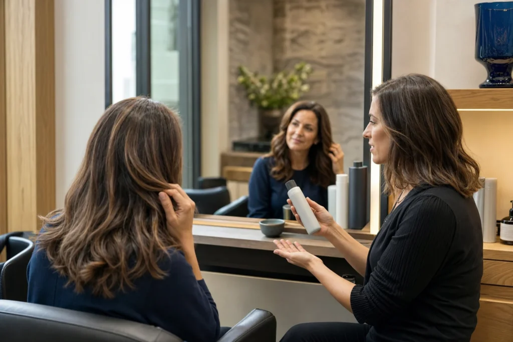 Hairstylist recommending an unbranded home-care product during a client consultation