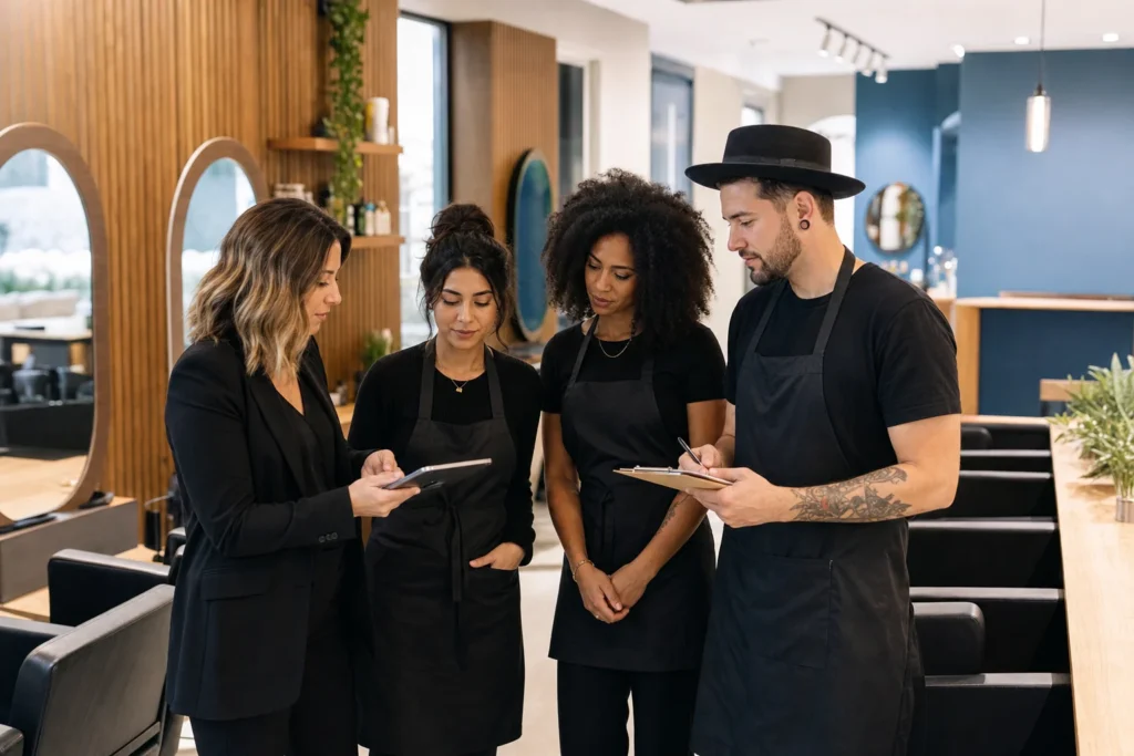 Salon owner and hairstylists reviewing roles and weekly priorities during a morning huddle