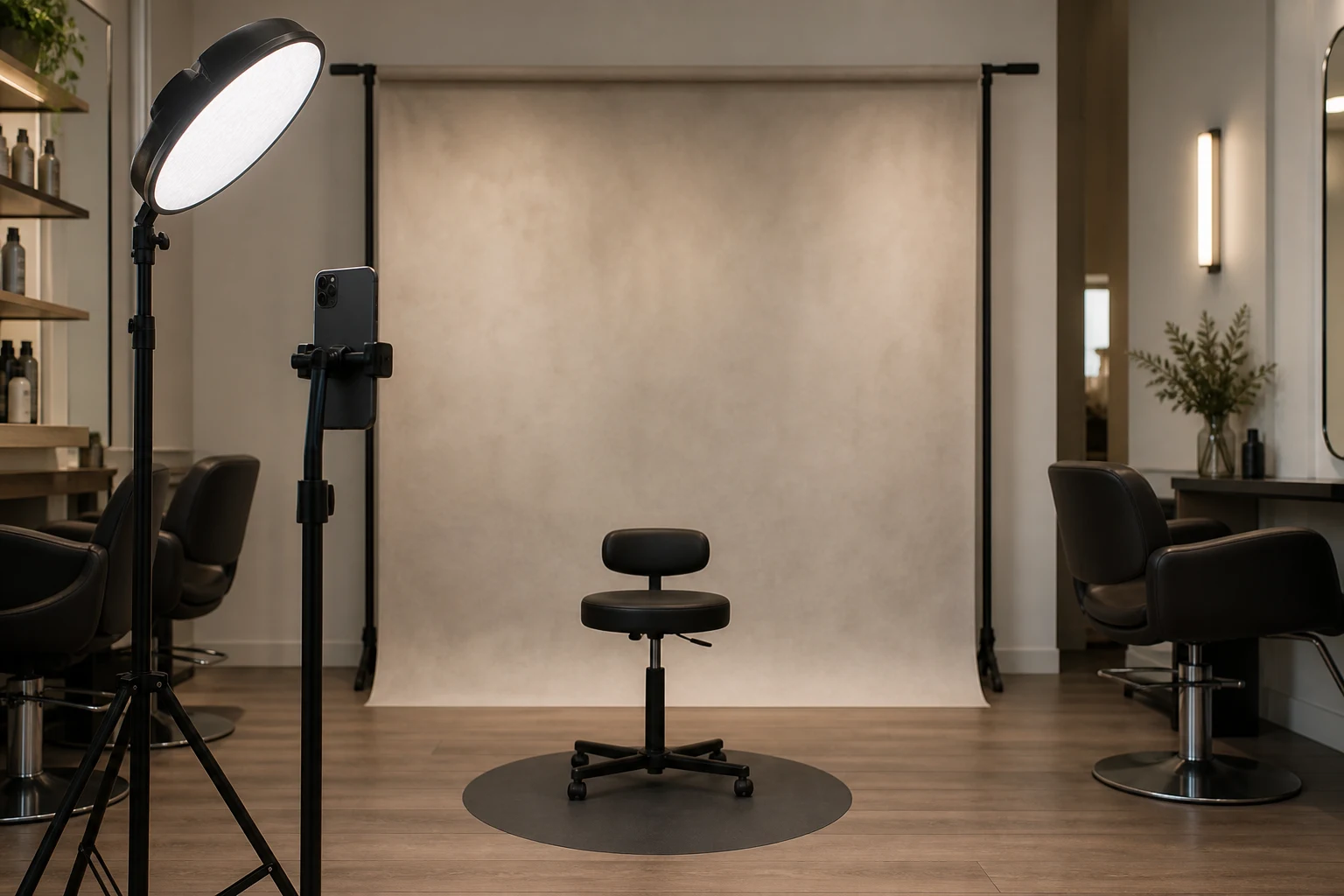 Salon photography station with neutral background phone position and consistent lighting