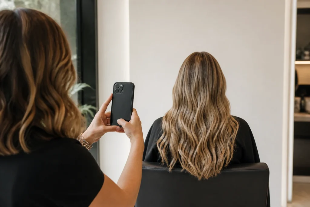 Colourist photographing a finished hair colour result in consistent salon lighting