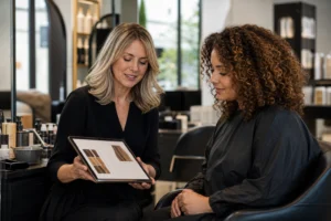 Colourist and client completing a professional hair colour consultation form