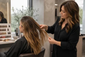 Colourist assessing hair sections during a professional colour correction consultation
