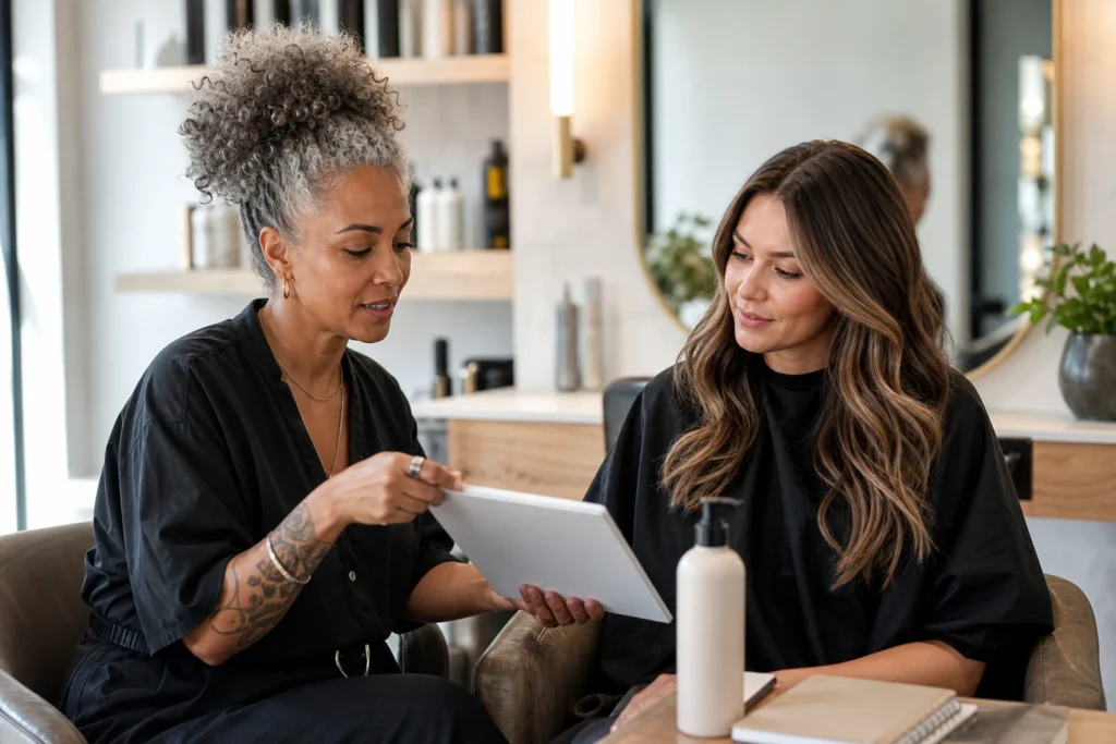 Colourist explaining a personalised hair colour maintenance plan to a client