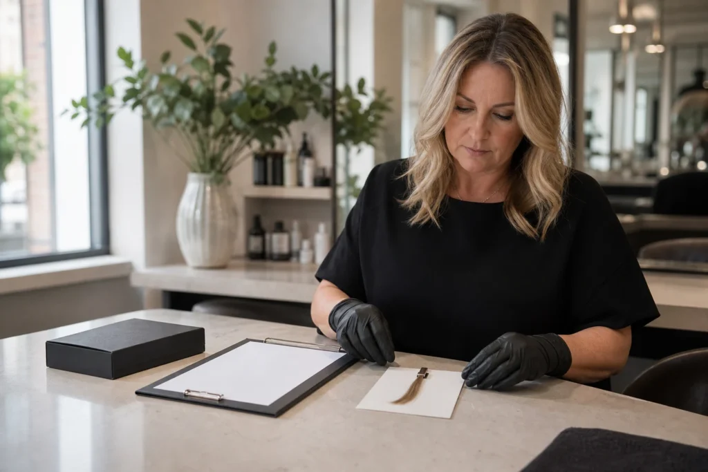 Colourist preparing separate allergy alert and strand test records before a colour service