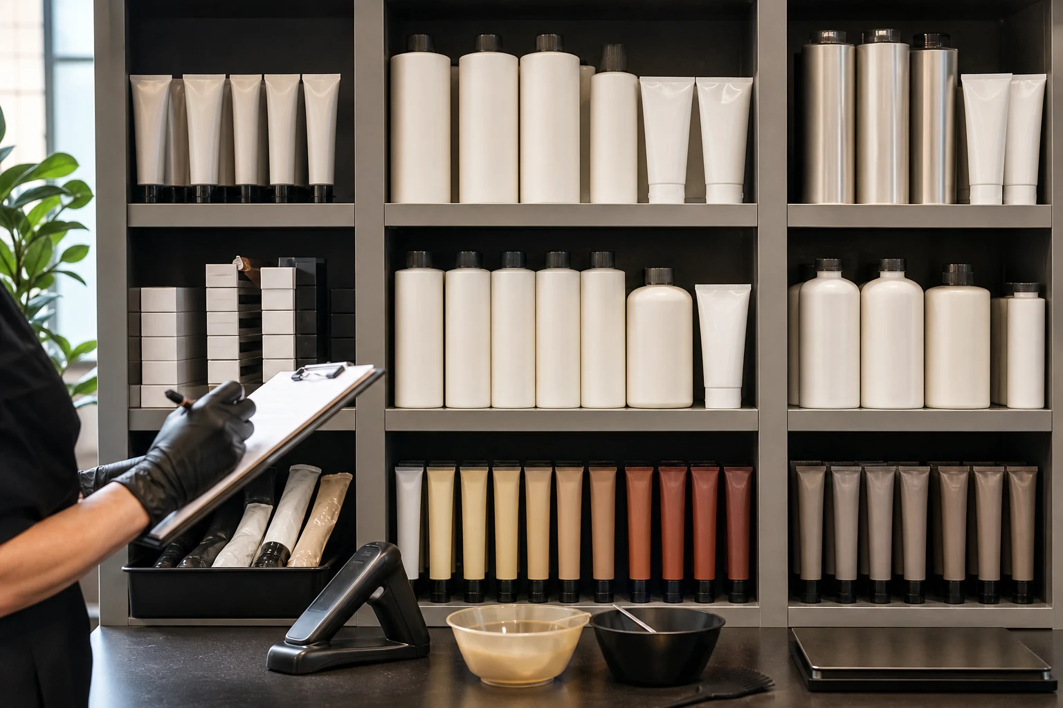 Organised salon colour inventory with labelled locations stock count and reorder workflow