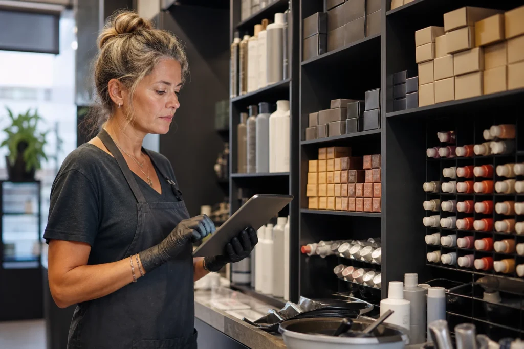 Salon colourist checking organised professional colour inventory against real usage