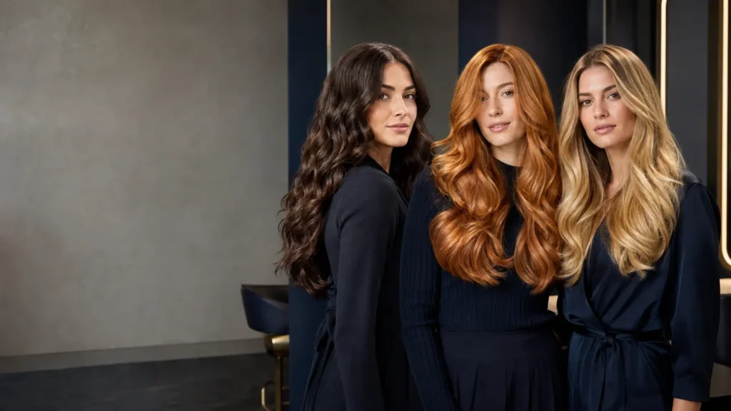 Three models with glossy brunette, copper and blonde hair in a professional colour studio