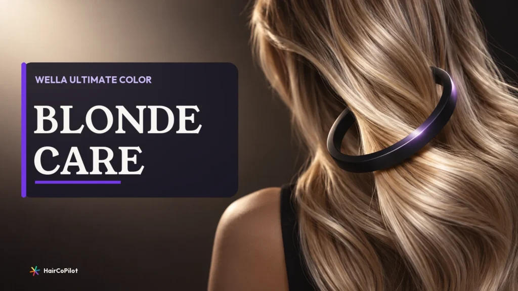 Glossy blonde hair section beside a dark violet ring graphic, with the words BLONDE CARE.