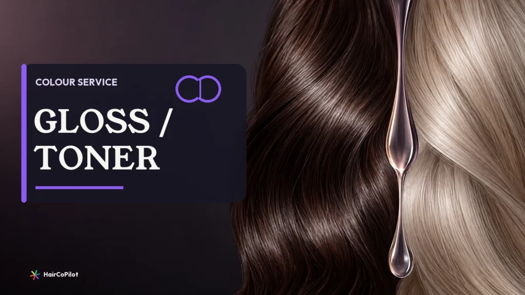 Two glossy hair sections divided by a glass droplet on a HairCoPilot cover headed ‚ÄúGLOSS / TONER‚Äù.