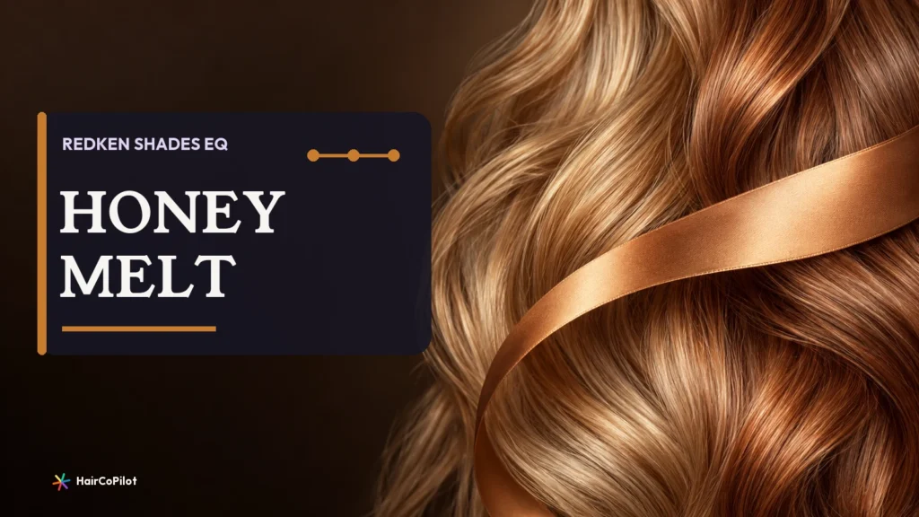 Copper and honey hair waves crossed by a satin ribbon on a HairCoPilot cover headed ‚ÄúHONEY MELT‚Äù.