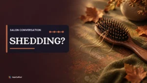 A hairbrush, loose strands and autumn leaves on a HairCoPilot cover headed ‚ÄúSHEDDING?‚Äù.