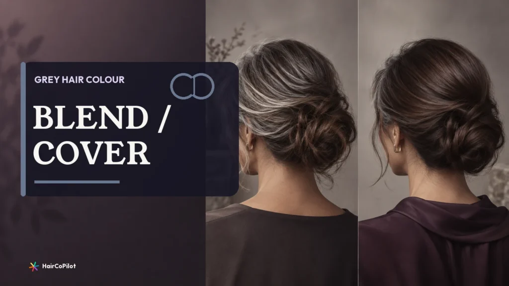 Two hairstyles showing different grey colour transitions on a HairCoPilot cover headed ‚ÄúBLEND / COVER‚Äù.