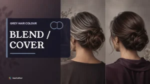 Two hairstyles showing different grey colour transitions on a HairCoPilot cover headed ‚ÄúBLEND / COVER‚Äù.