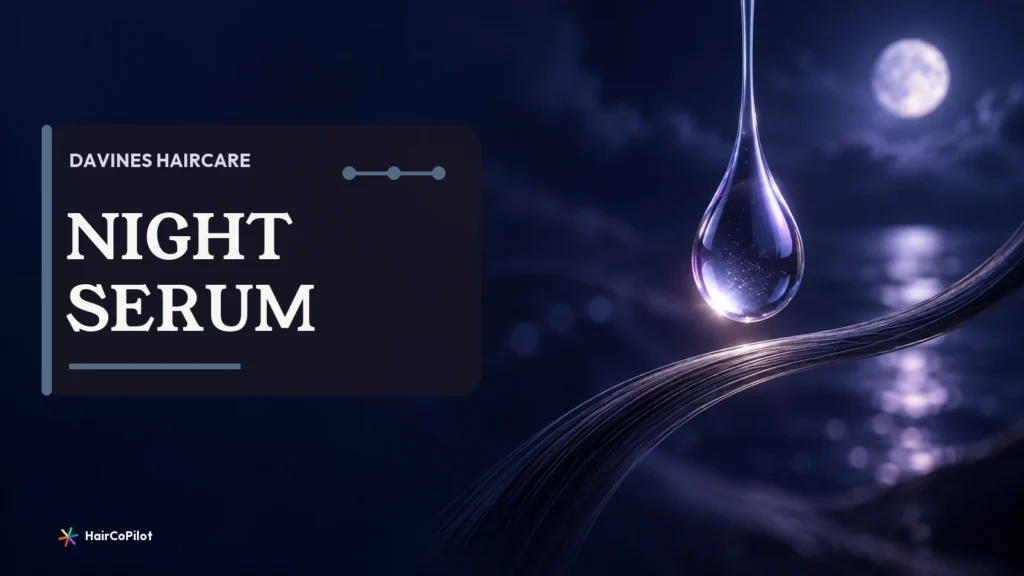 A serum droplet above dark hair in a night scene on a HairCoPilot cover headed ‚ÄúNIGHT SERUM‚Äù.
